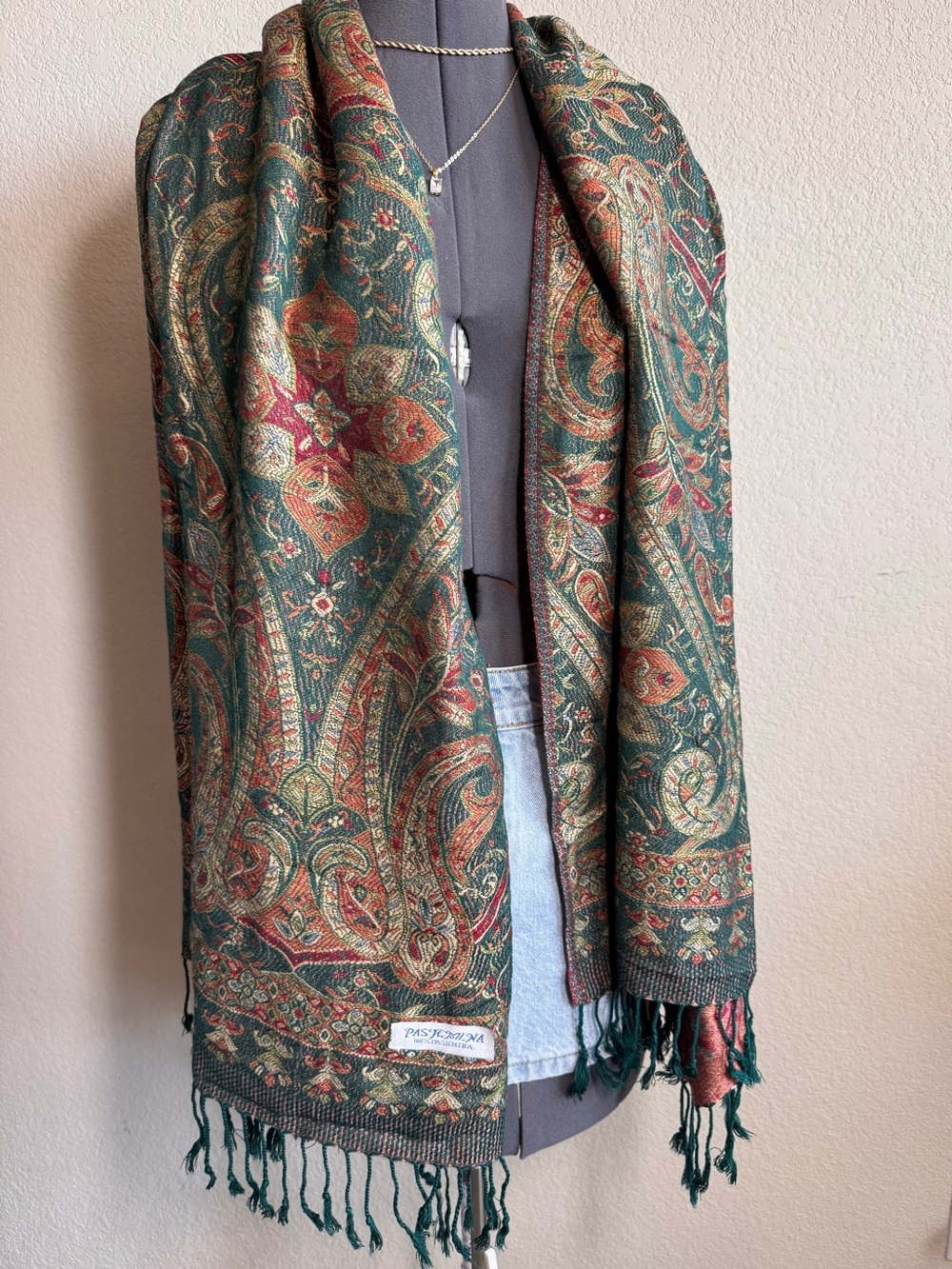 Pashmina Green Maroon Paisley Scarf Wrap Tassels Fringe